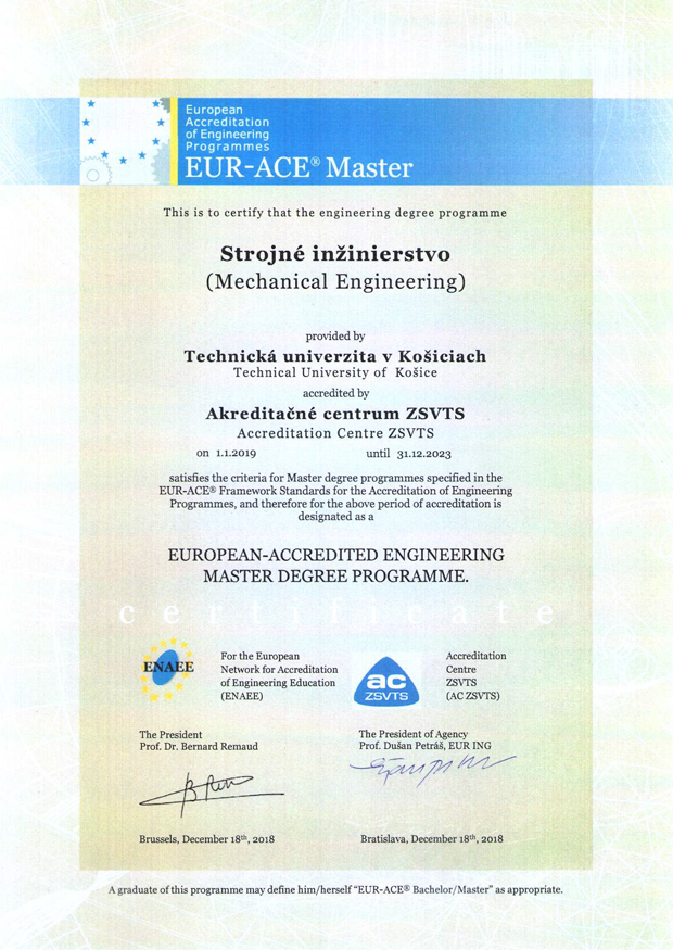 Certifikát Strojné inžiniersto - Euro-inžinier